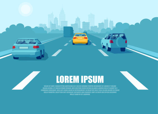 illustrazioni stock, clip art, cartoni animati e icone di tendenza di vettore di un trasporto cittadino con auto e camion che guidano su un'autostrada - traffico città