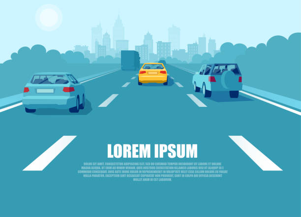 wektor komunikacji miejskiej z samochodami osobowymi i ciężarowymi jadącymi autostradą - miasto ilustracje stock illustrations