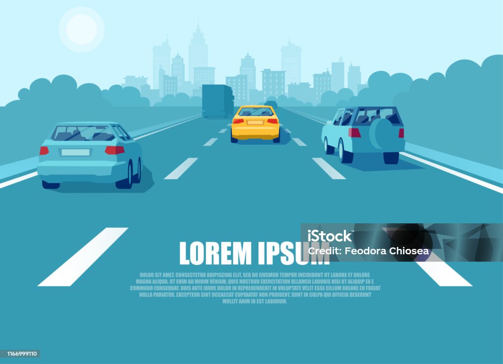Vector of a city transport with cars and trucks driving on a highway - Royalty-free Carro arte vetorial