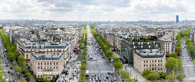 Panorama of streets in Paris, France with it's beautiful streets and green trees