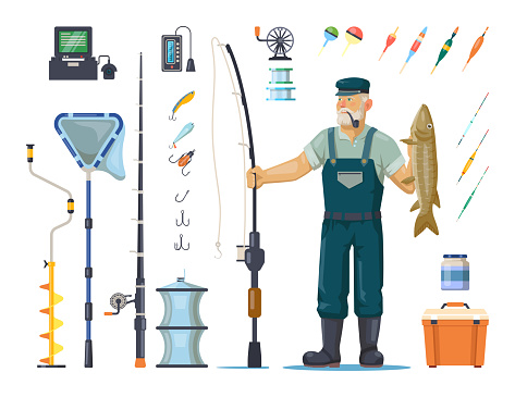 Fisherman in wader with catch or fish. Sport fishing equipment like rod or pole, hook and bobber, depth finder and bucket, winter lake drill, net and bait, tackle and cork. Angler and fishery theme