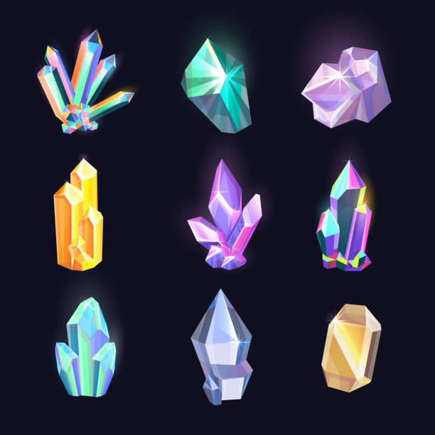 zestaw izolowanych diamentów, kryształów, ikon kwarcowych - amethyst crystal gem nature stock illustrations