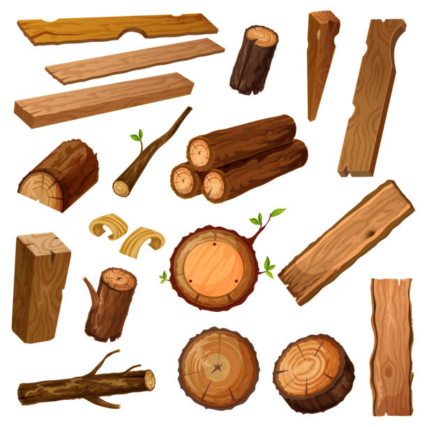 Wooden chips and bark, timber and stum. Wood Set of isolated wood bark and tree log, brown timber trunk with wooden chips or flinders, stump or stub, textured stock of hardwood material. Firewood and crust, oak lumber and woodpile. Nature theme tree trunk stock illustrations