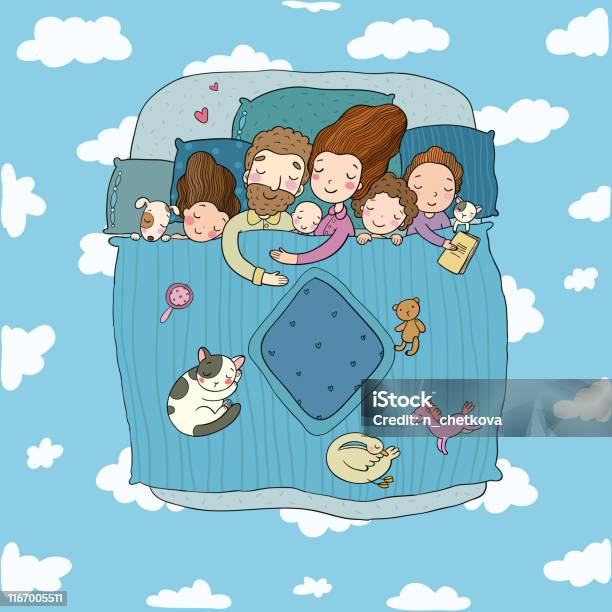 The Family Sleep In Bed Cartoon Mom Dad And Babies Sweet Dreams Good Night  Bed Linen Funny Pets Illustration For Pajamas Happy Children Vector Stock  Illustration - Download Image Now - iStock