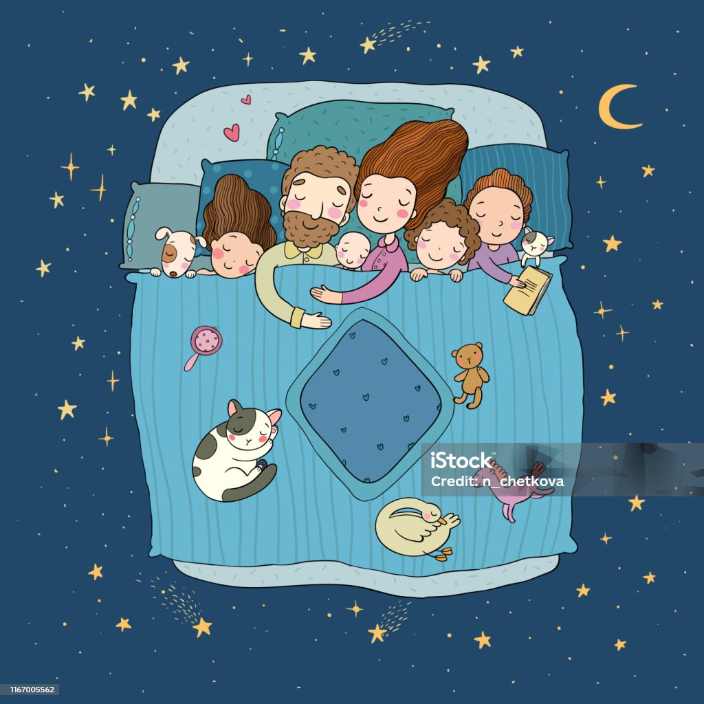 The Family Sleep In Bed Cartoon Mom Dad And Babies Sweet Dreams Good Night  Bed Linen Funny Pets Illustration For Pajamas Happy Children Vector Stock  Illustration - Download Image Now - iStock