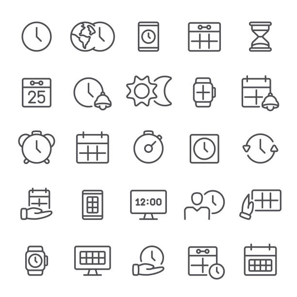 Time Icons Time, calendar, icon, icon set, universal time, clock, hourglass, stopwatch day and night stock illustrations