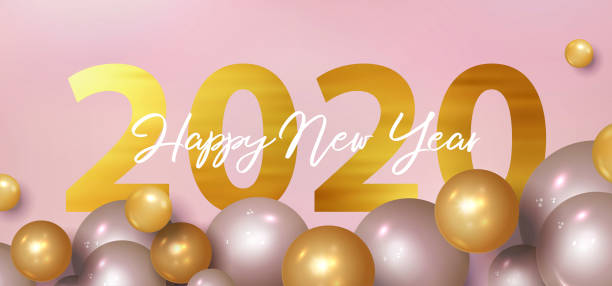 istock Happy New Year greeting banner with golden and silver gray flying 3d round spheres on a light pink background and the textured gold number 2020. 1167007369