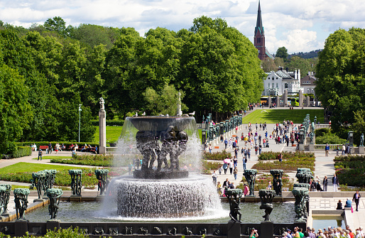 Oslo, Norway - june 22, 2019: View of fountain in the Vigeland Park