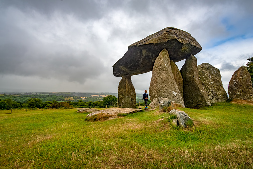 Nevern, Crymych, Wales, United Kingdom - July 23, 2018: Wide-angle view of the Dolmen of Pentre Ifan