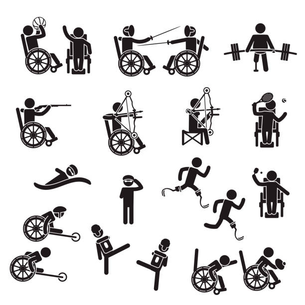 ilustraciones, imágenes clip art, dibujos animados e iconos de stock de conjunto de iconos deportivos de personas discapacitadas. vector. - wheelchair tennis physical impairment athlete