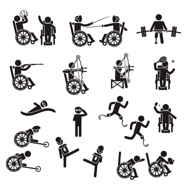 장애인 스포츠 아이콘 세트입니다. 벡터. - physical impairment athlete sports race wheelchair stock illustrations