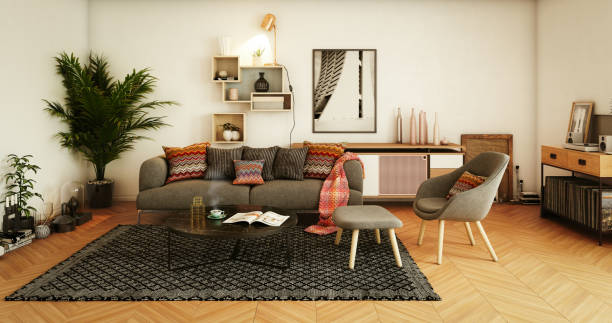 Cozy Home Interior Digitally generated warm and cozy affordable Scandinavian style home interior (living room) design.

The scene was rendered with photorealistic shaders and lighting in Autodesk® 3ds Max 2016 with V-Ray 3.6 with some post-production added. sideboard photos stock pictures, royalty-free photos & images