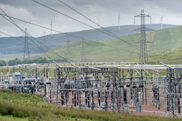 Electrical substation and wind turbines in the Southern Uplands of Scotland stock photo