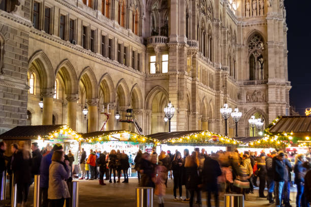 Vienna. Houses with old beautiful architecture. Illuminated by bright light