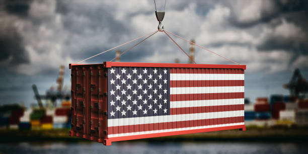 istock USA flag container on cloudy sky background. 3d illustration 1167015255