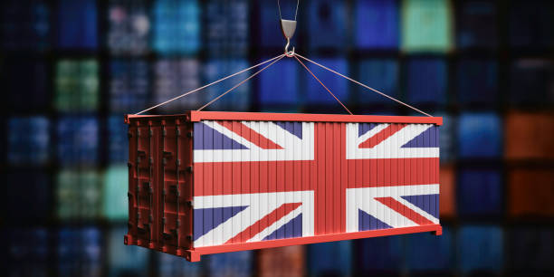 UK  flag container on stacked containers background. 3d illustration stock photo