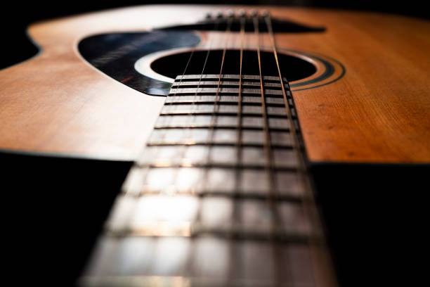 istock Acoustic guitar detail on black background 1167016477