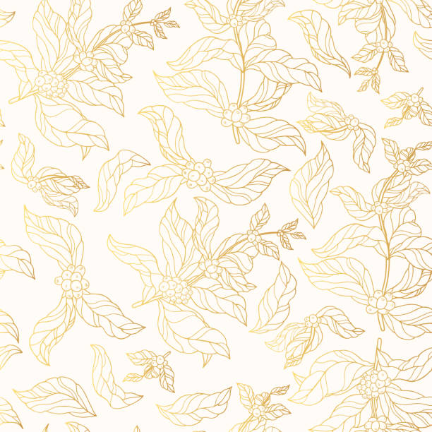 Seamless pattern of golden coffee branches with vintage leaves and beans. Gold background for coffee shop or house. Vector isolated floral illustration. Seamless pattern of golden coffee branches with vintage leaves and beans. Gold background for coffee shop or house. Vector isolated floral illustration. caffeine illustrations stock illustrations