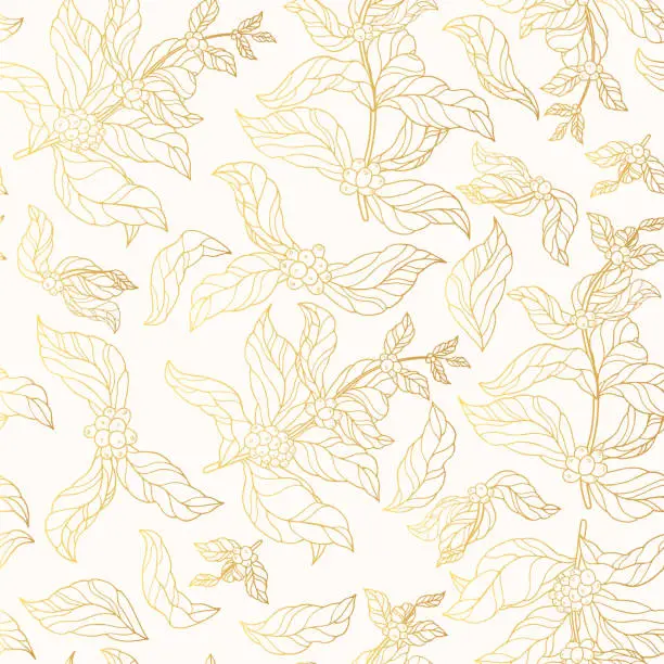 Vector illustration of Seamless pattern of golden coffee branches with vintage leaves and beans. Gold background for coffee shop or house. Vector isolated floral illustration.