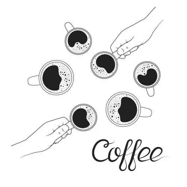 Vector illustration of Top view of two hands holding cappuccino and americano coffee cups in outline. Afternoon or morning conversation or business meeting coffee break or student study.