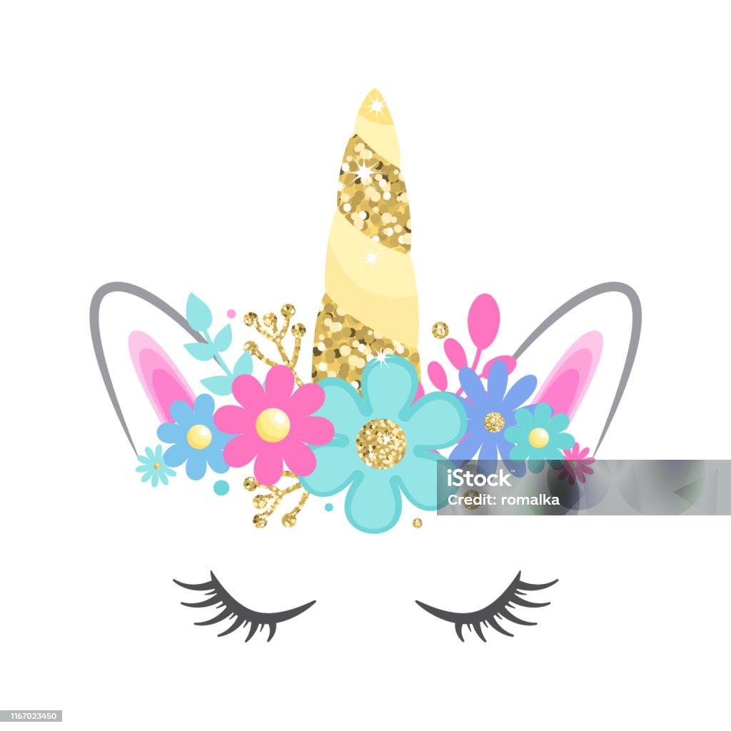 Vektoreinhorngesicht Mit Geschlossenen Augen Und Blumen Stock Vektor