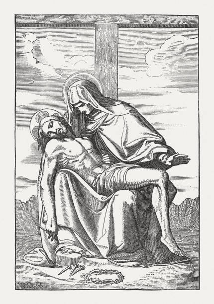 Pietà, Virgin Mary and the dead Jesus, woodcut, published 1850 Pietà - the Virgin Mary cradling the dead body of Jesus. Wood engraving, published in 1850. pieta stock illustrations