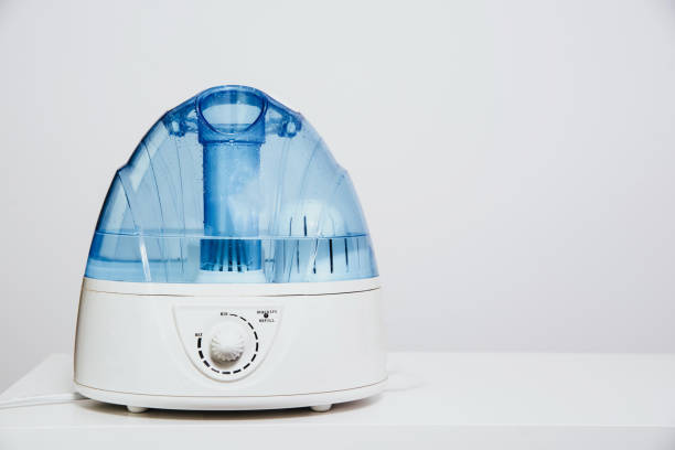 istock Air humidifier during work. The white humidifier moistens dry air. 1167028227