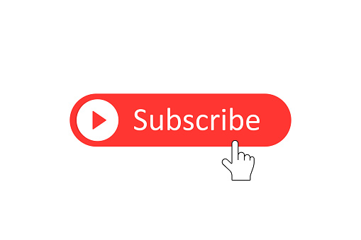 Subscribe button to videos channel with hand pointer clicking. Modern flat style vector illustration.