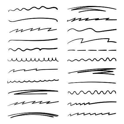 Handmade collection set of underline strokes in marker brush doodle style. Various Shapes. Vector graphic design.
