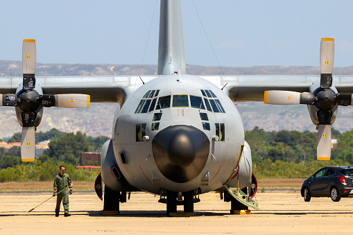 Zaragoza, Spain - May 20,2016: Spanish Air Force C-130 Hercules cargo plane on the tarmac off Zaragoza airbase.