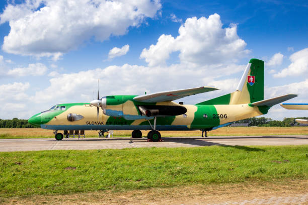 Slovak Air Force Antonov An-26 transport plane Volkel, Netherlands - Jun 15, 2013: Slovak Air Force Antonov An-26 transport plane on the taxi track of Volkel airport. antonov an 26 stock pictures, royalty-free photos & images