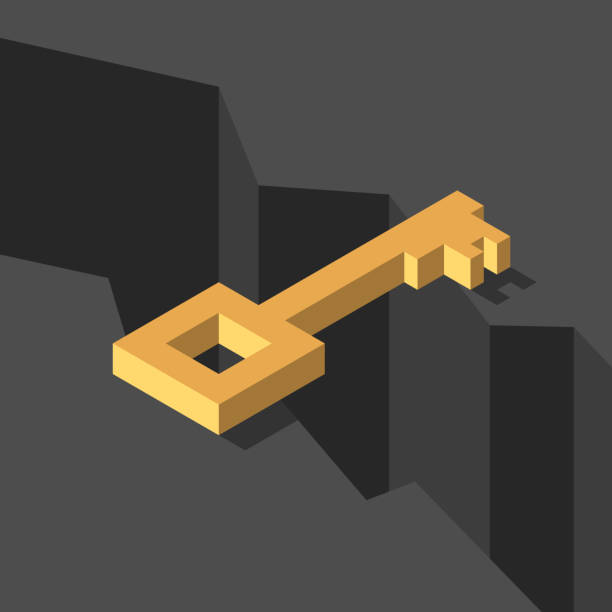 Gold key bridging gap Isometric gold key above dark black deep abyss. Bridging the gap, solution, risk, adversity and challenge concept. Flat design. Eps 8 vector illustration, no transparency, no gradients opening bridge stock illustrations