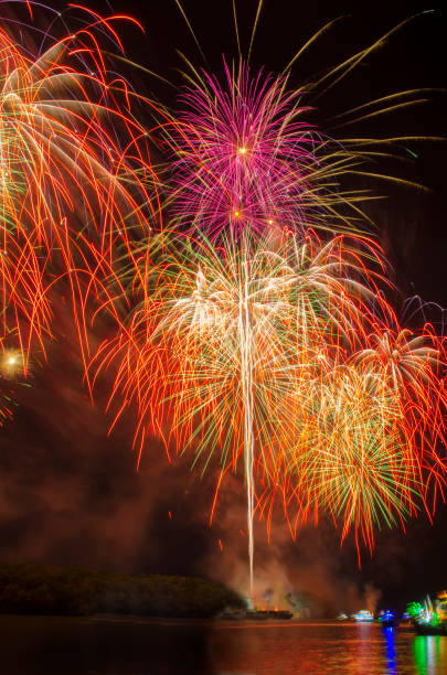istock Colorful fireworks. Fireworks are a class of explosive pyrotechnic devices used for entertainment purposes. Visible noise due to low light, soft focus, shallow DOF, slight motion blur 1167039536