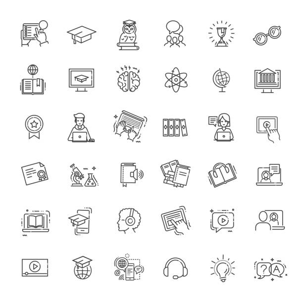 e-learning, prvky online vzdělávání - minimální tenká sada webových ikon - knihovna školní budova stock ilustrace