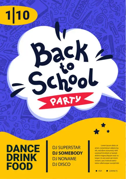 Vector illustration of Back to school party poster. Back to school text, date and place for text. Vector illustration