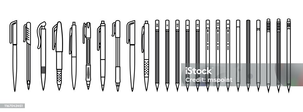 Pens and pencils set. Outline writing supplies on white background. Vector illustration Pens and pencils set. Outline writing supplies on white background. Vector illustration. Pen stock vector