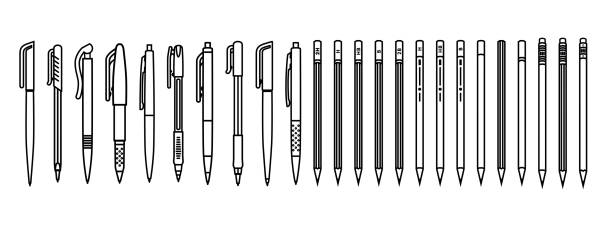 Pens and pencils set. Outline writing supplies on white background. Vector illustration Pens and pencils set. Outline writing supplies on white background. Vector illustration. fountain pen pattern writing instrument pen stock illustrations