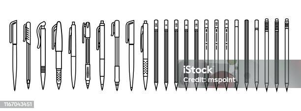 Pens And Pencils Set Outline Writing Supplies On White Background Vector Illustration Stock Illustration - Download Image Now