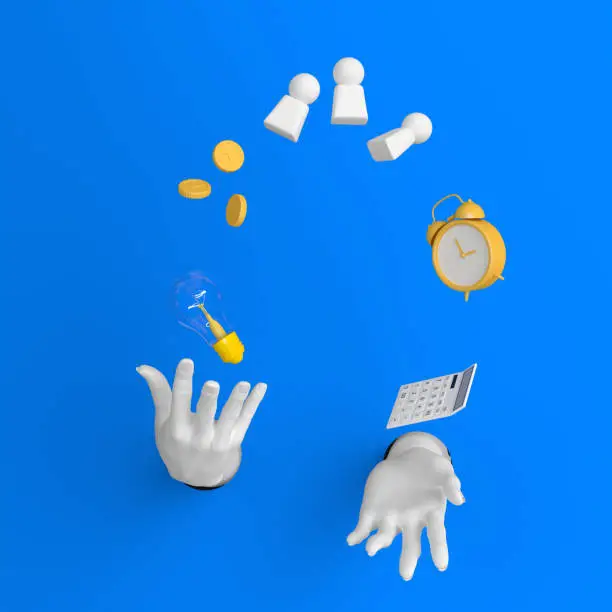 Project management concept, strategic planning, juggling hands with money, light bulb, alarm clock, calculator and human figures, 3d illustration