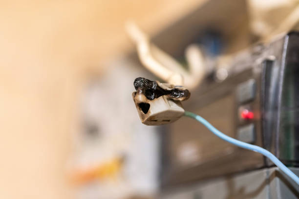 Burned wire, splicing connector, electrical terminal block of nonflammable, fireproof material. Faulty wiring or negligent electrical work. Dangerous short circuit accident.