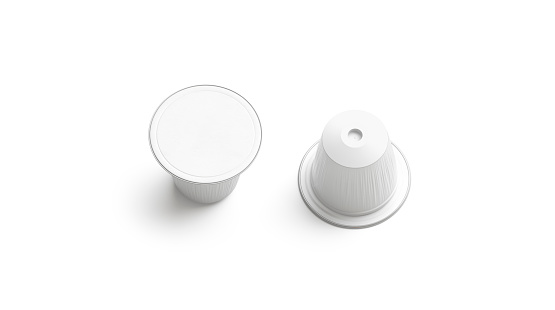 Blank white plastic coffee capsule mockup, isolated, top view, 3d rendering. Empty disposable bag with cream or coffe mock up. Clear bio packet with beverage template.