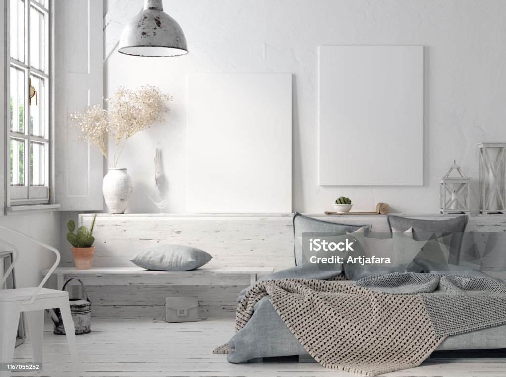 Poster mock up in rustic home interior, Scandinavian lifestyle concept Poster mock up in rustic home interior, Scandinavian lifestyle concept, 3D render Bedroom Stock Photo