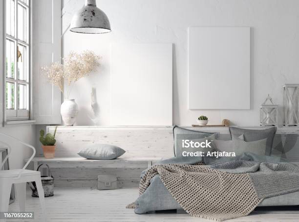 Poster Mock Up In Rustic Home Interior Scandinavian Lifestyle Concept Stock Photo - Download Image Now