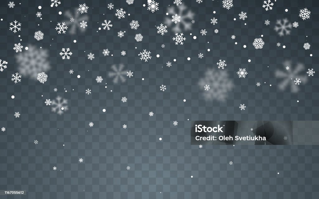 Kerst sneeuw. Vallende sneeuwvlokken op donkere achtergrond. Sneeuwval. Vector illustratie - Royalty-free Sneeuwvlok vectorkunst