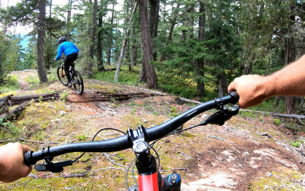 rowerzyści górscy podążają szlakiem przez las - personal perspective mountain biking mountain bike cycling zdjęcia i obrazy z banku zdjęć