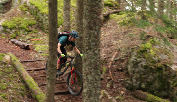 istock Male mountain biker follows trail through forest 1167057590