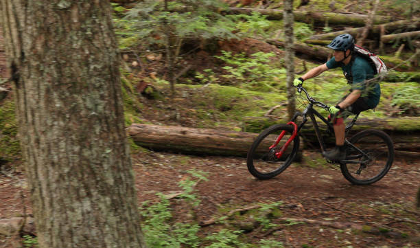istock Male mountain biker follows trail through forest 1167059202