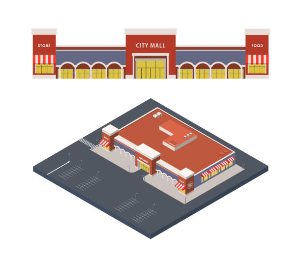 istock Vector Isometric illustration of shopping centre, city mall with parking lot. 1167064811
