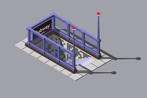 Entrance to underground metro station, vector isometric illustration.