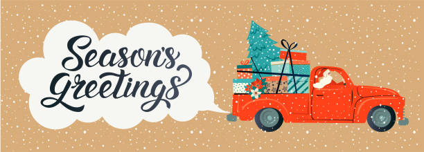 frohe weihnachten stilisierte typografie. vintage rote auto mit santa claus, weihnachtsbaum und geschenk-boxen. vektor-flachstil-illustration. - feiertag grafiken stock-grafiken, -clipart, -cartoons und -symbole